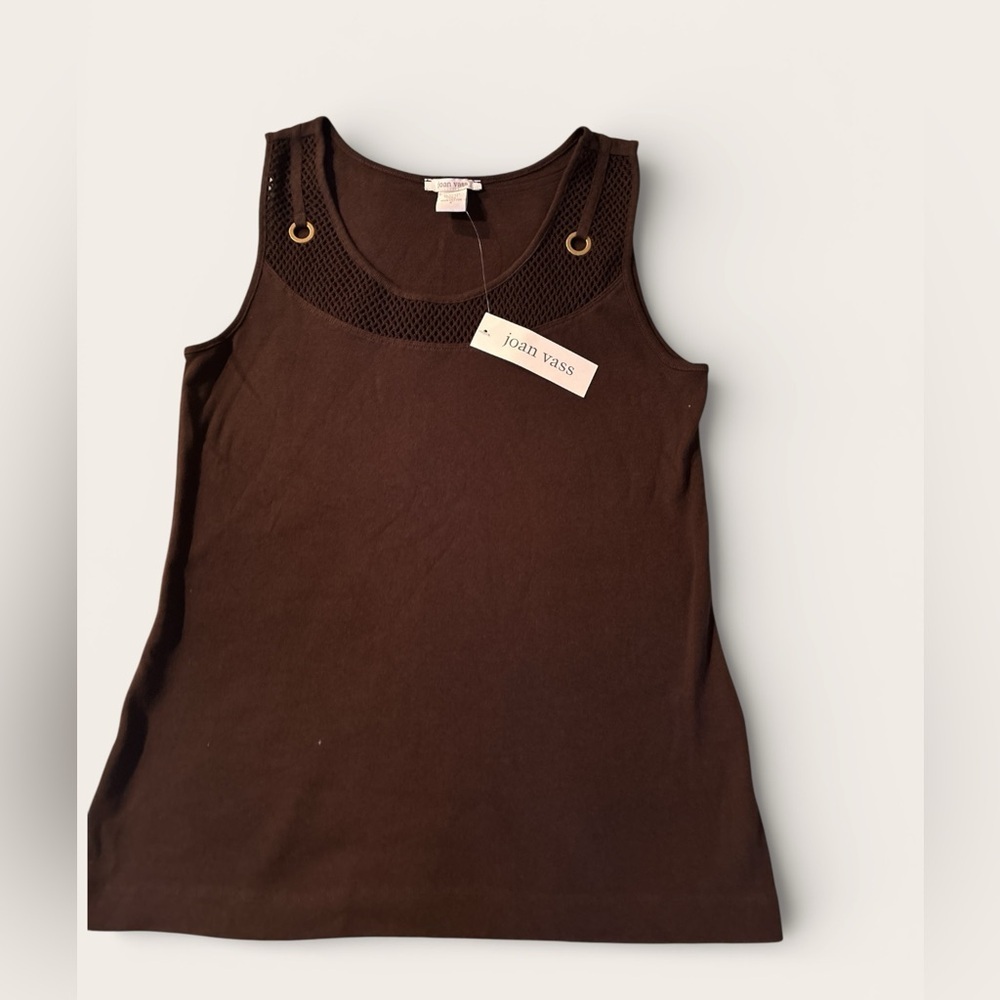 Joan Vass Dark Brown Sleeveless Tank with Mesh Yoke & Gold Eyelets